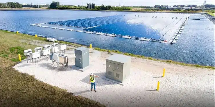 A company that practices corporate sustainability with floating solar pannels.
