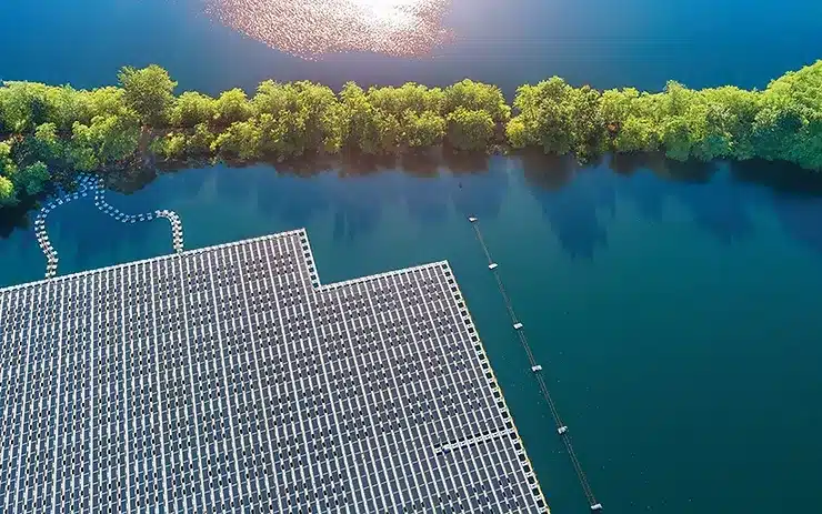 A floating solar farm on a scenic lake
