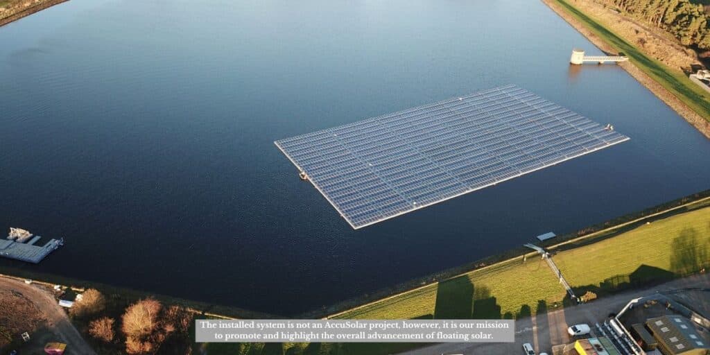 Floating solar panels on a calm water surface showcasing the importance of underwater mapping explained in the bathymetry definition.