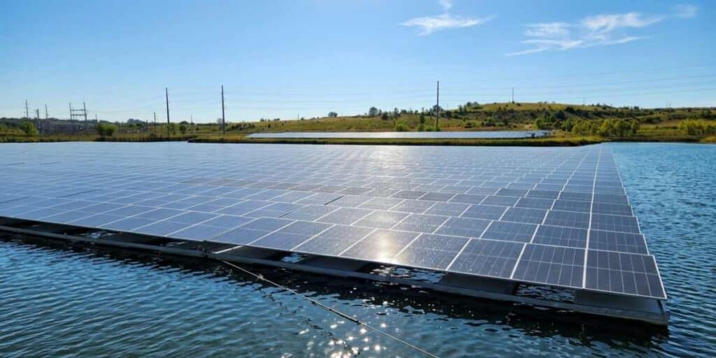 Floating solar panels installed on a body of water