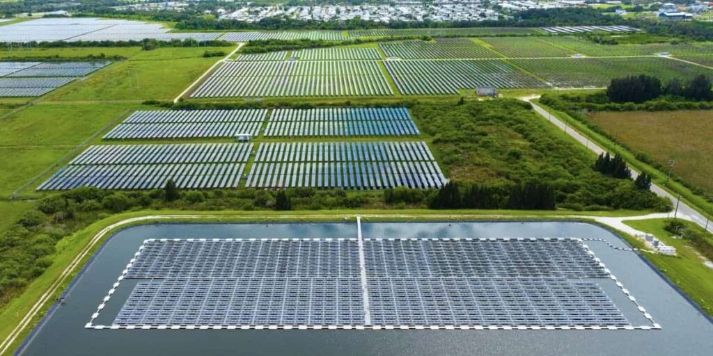 Aerial view of ground mounted solar systems and floating solar panels showing layout differences and efficiency potential in renewable energy.