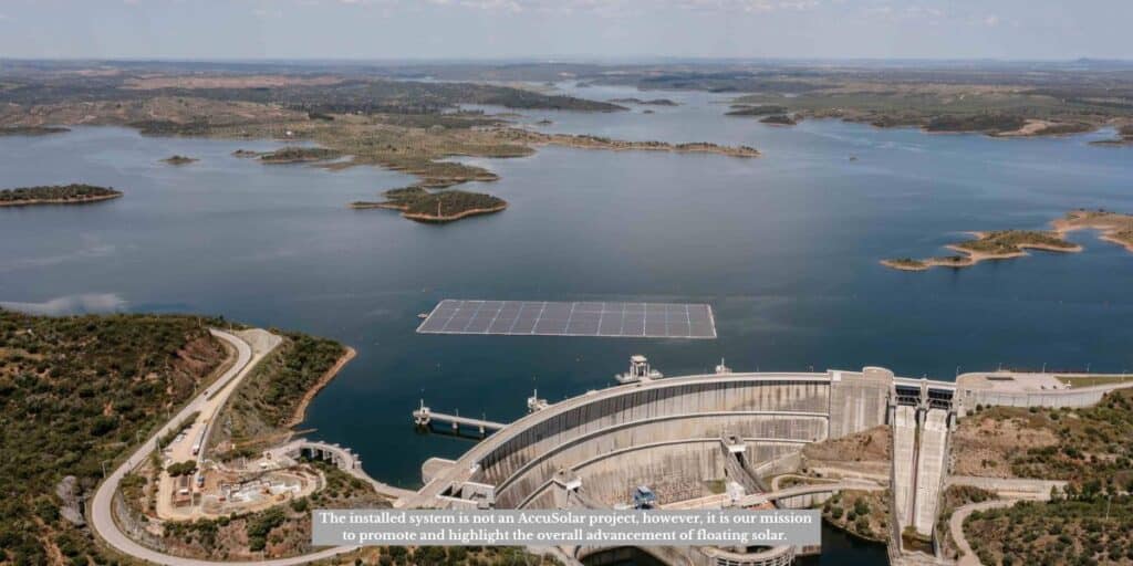 A floating solar farm installed on a reservoir near a hydroelectric dam, highlighting the role of a local solar company in renewable energy projects.