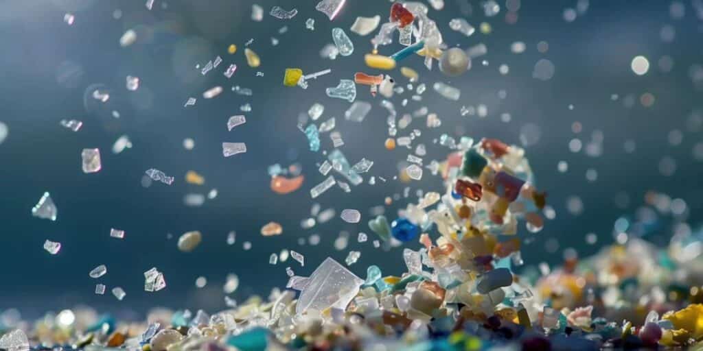 Underwater view of microplastic particles floating in water showing how long do microplastics last in marine environments