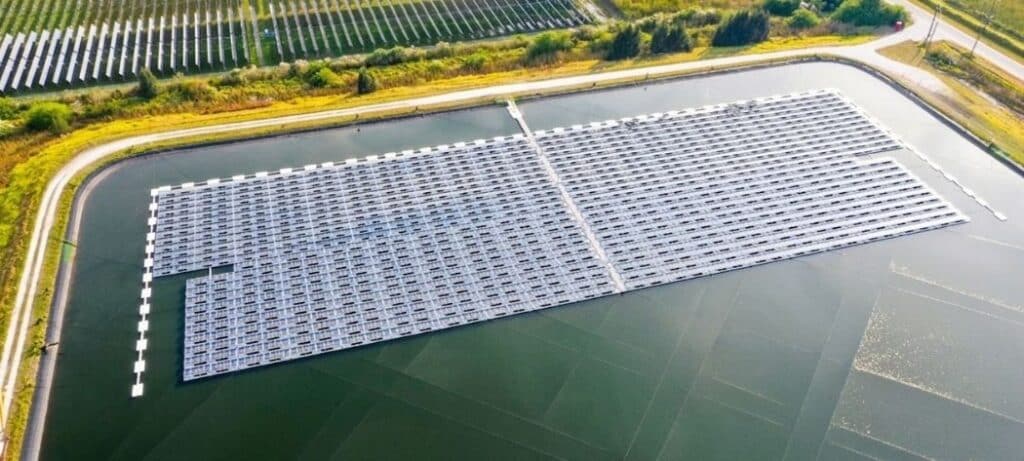 Floating solar array installed on a water reservoir