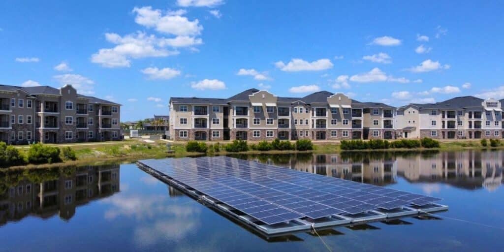 Floating solar panel array installed on a residential community pond