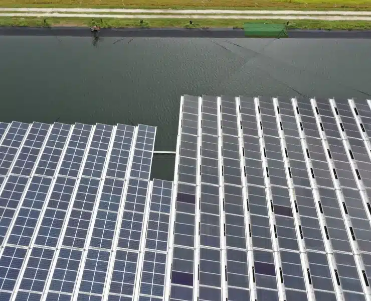 Float panels on a large body of water