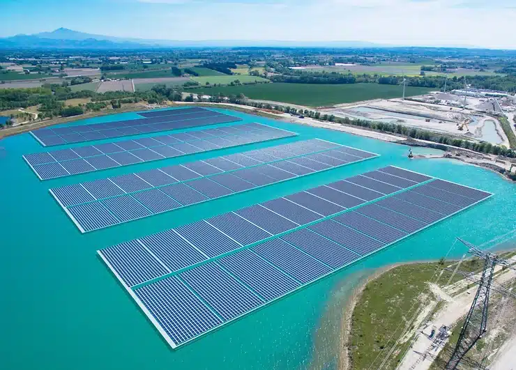 Floating Solar Farm Design Innovations with panels on a body of water