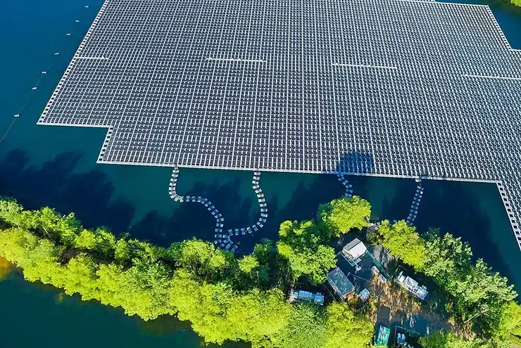 Floating solar panels on a body of water