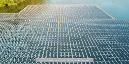 Floating solar array showing how do solar panels work by converting sunlight into electricity on water mounted platforms