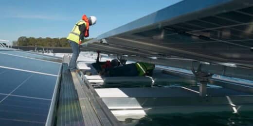 Workers installing floating solar panels on water showing project construction aligned with ITC strategy timing