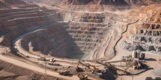 Terraced open pit quarry with heavy equipment illustrating post mining land use and optimizing industrial site assets through redevelopment