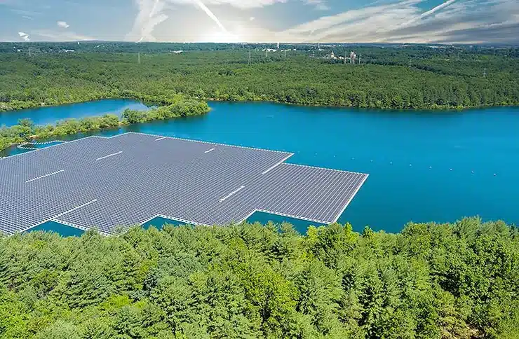 Solar Farms on a nice large blue lake, surrounded by vegeetation