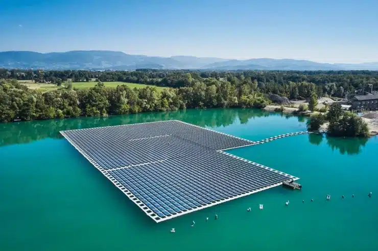 The image depicts a floating solar farm on water, highlighting the Floating Solar Farms Wildlife Impact, as these structures can affect aquatic ecosystems and bird habitats while providing clean energy.