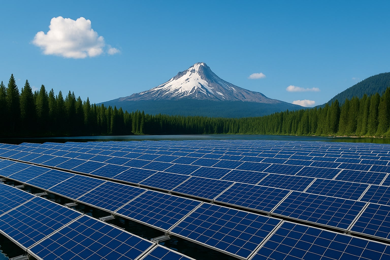 floating solar panels in the river with mountains