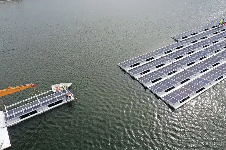 floating solar panels on a huge lake