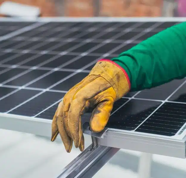 gloved hand over an accusolar floating solar panel